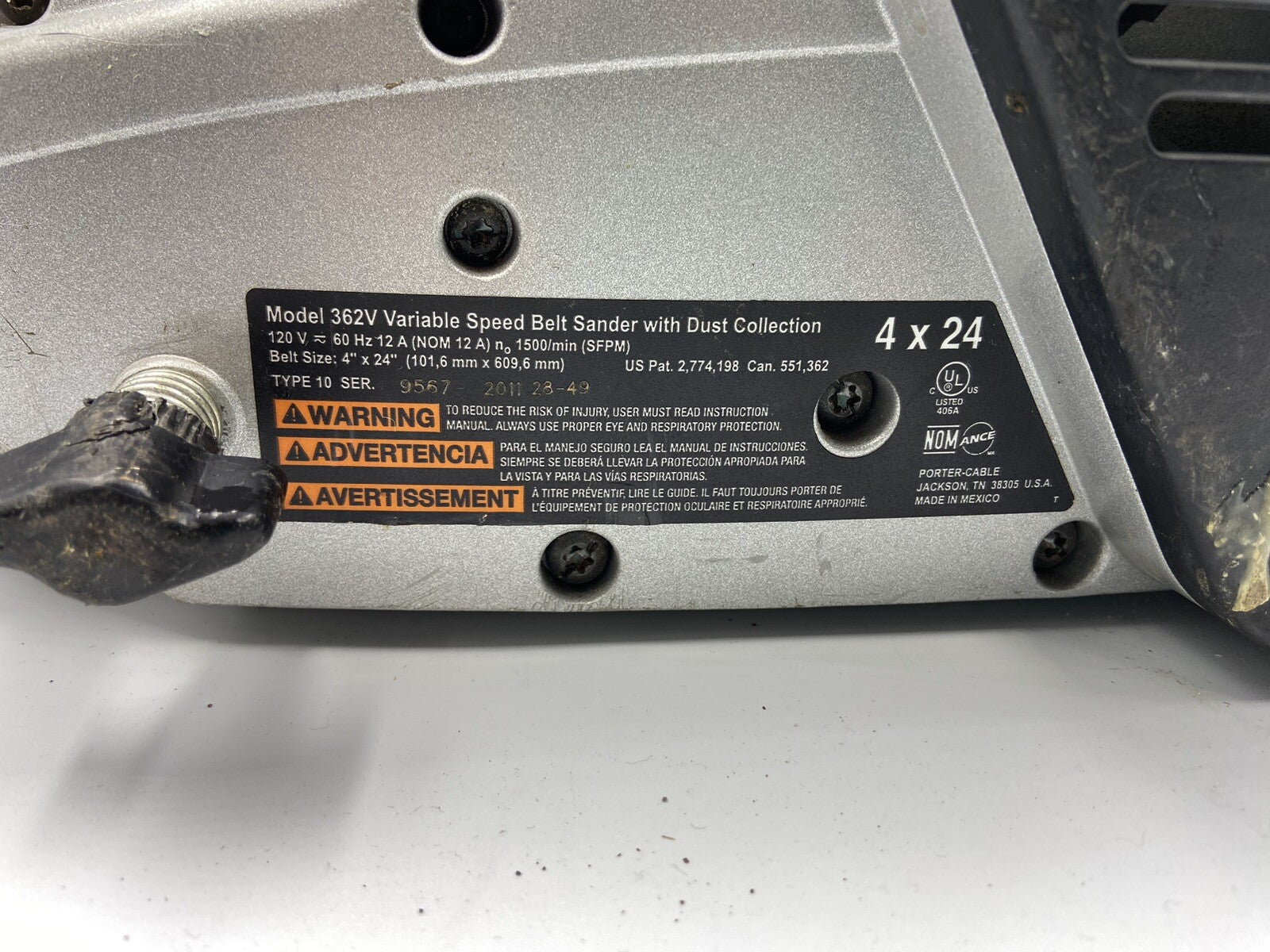 Porter Cable Model 362V Variable Speed Belt Sander with Dust Collection