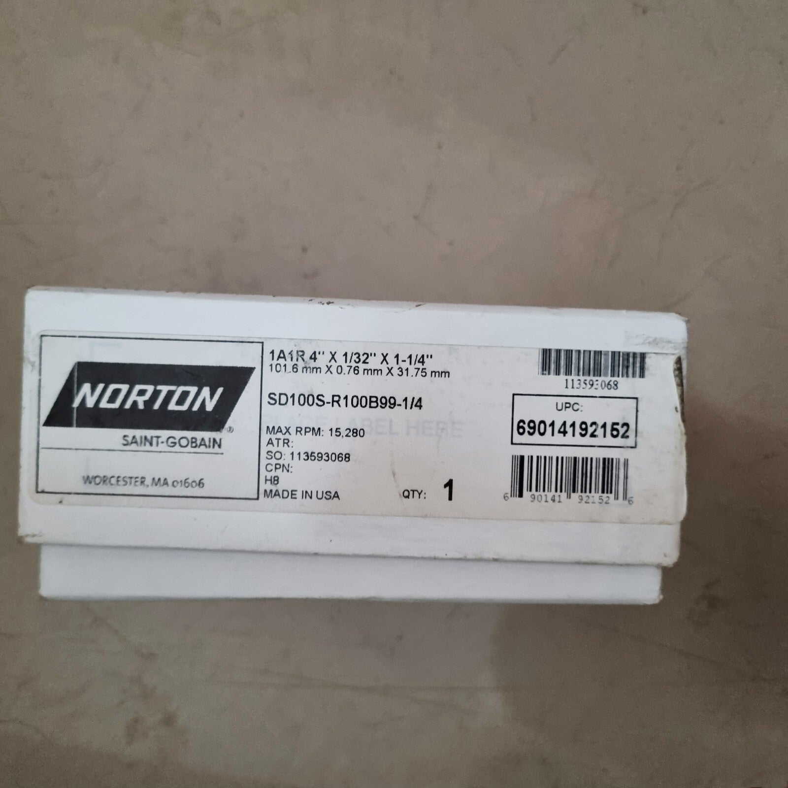 3 Pcs Norton SD100S-R100B99-1/4 1A1R 4" X 1/32"X 1-1/4" Straight Cut-Off Diamond