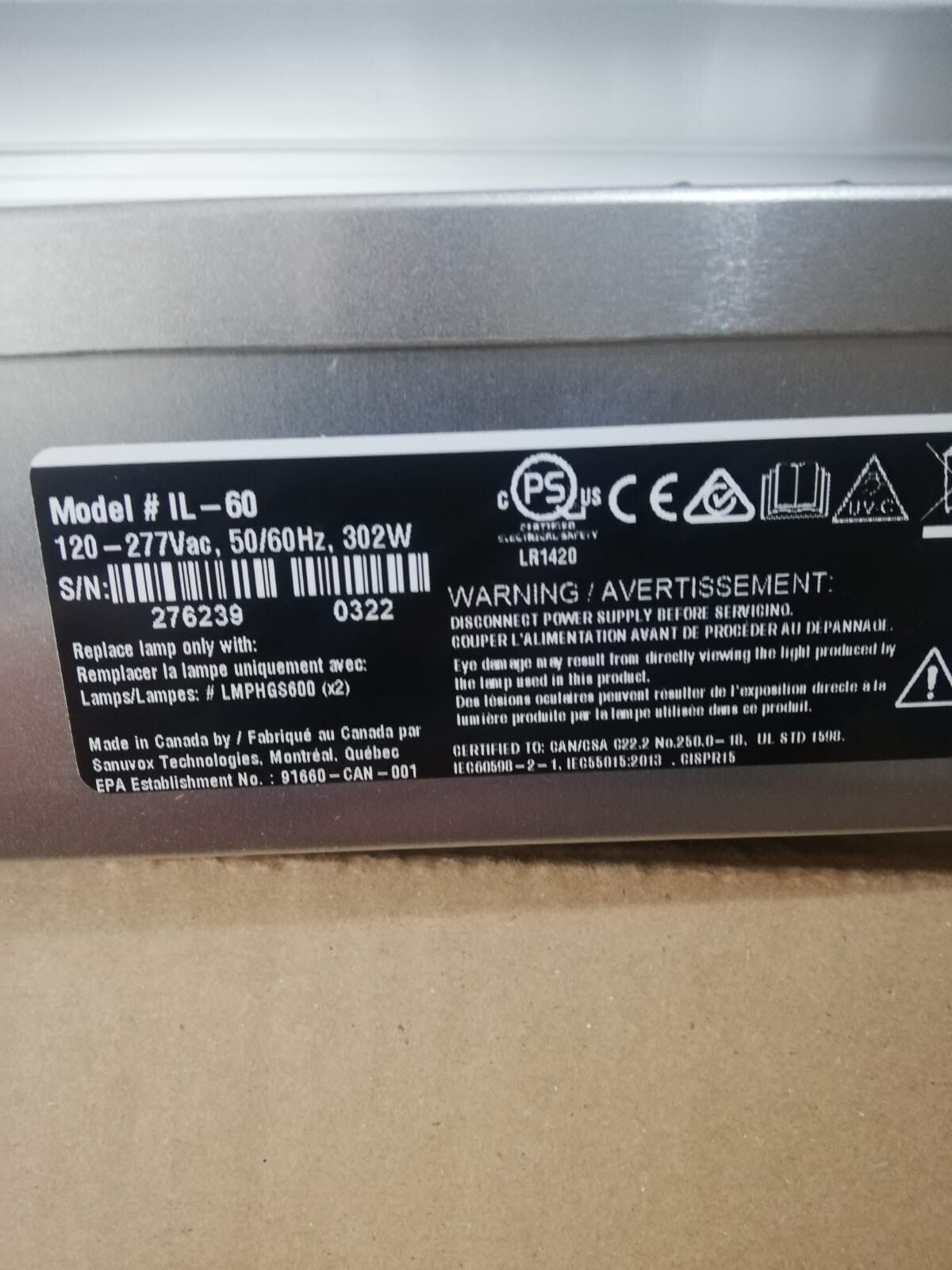 Sanuvox UV Object Purifier IL60-G2  120/240V: 2 LAMPS AND SINGLE BALLAST